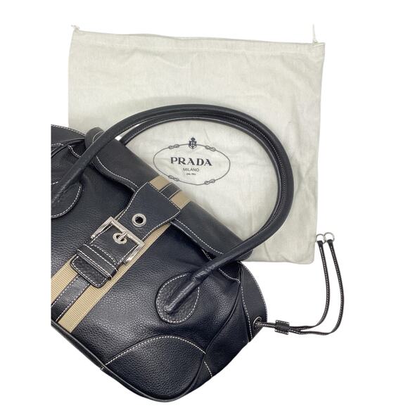 Prada Vitello Daino Stripe Pebbled Leather Shoulder Bag in Black and Tan - Picture 7 of 9